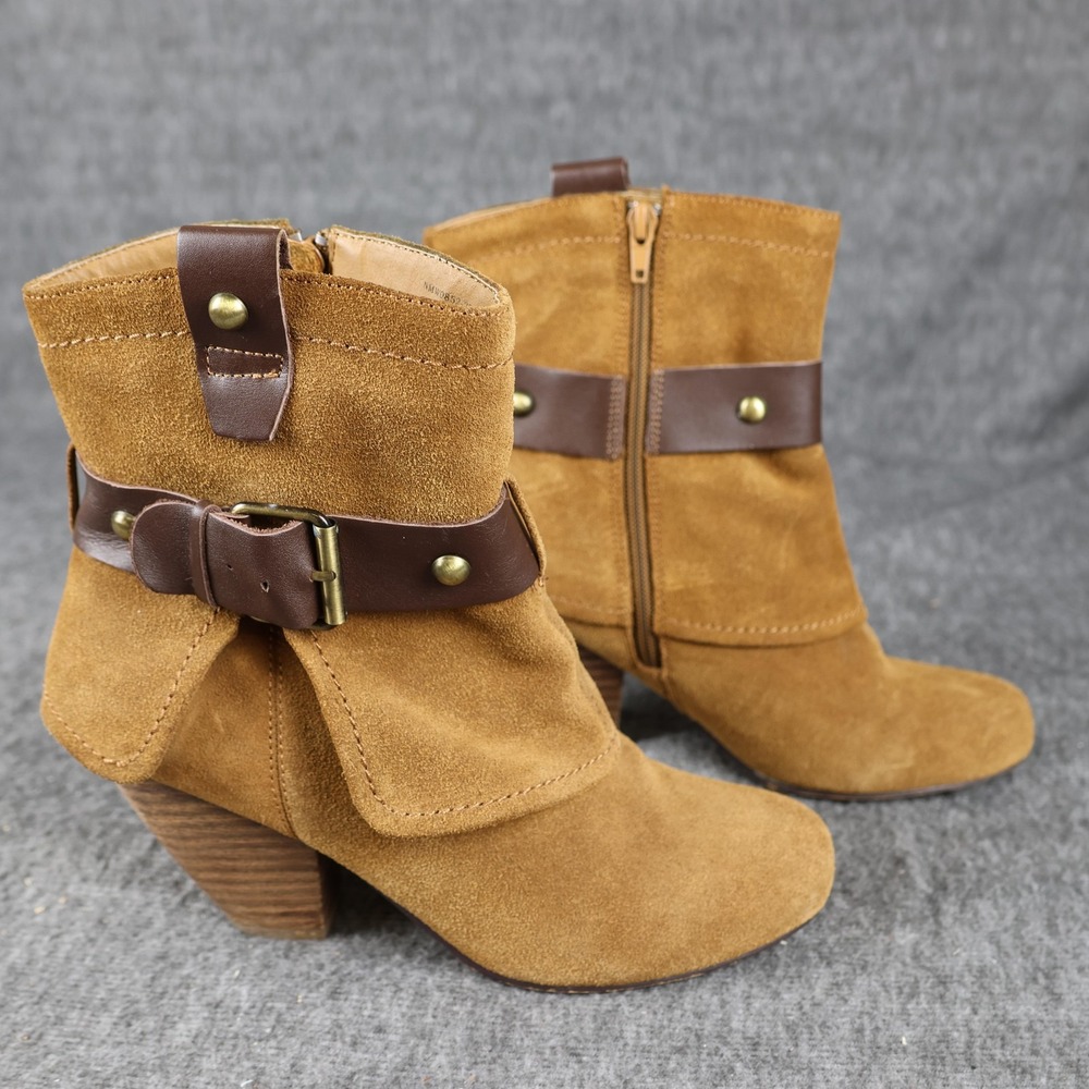 Naughty Monkey Booties Womens Size 8 Brown Suede Ankle Western Buckle Studded